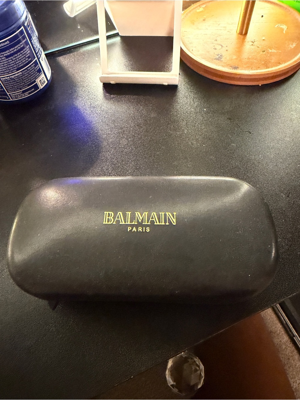 Balmain Black Leather Toiletry / Accessory Case with Gold Logo